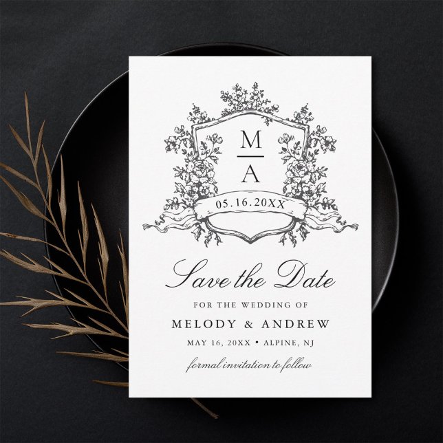 Save The Date Cimier floral classique Mariage noir et blanc (Créateur téléchargé)