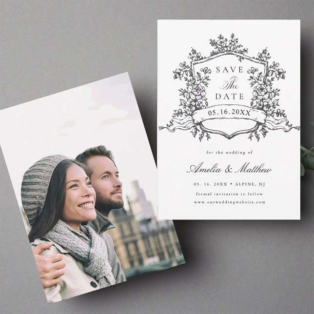 Save The Date Cimier floral classique Noir & blanc Mariage photo (Front & Back)