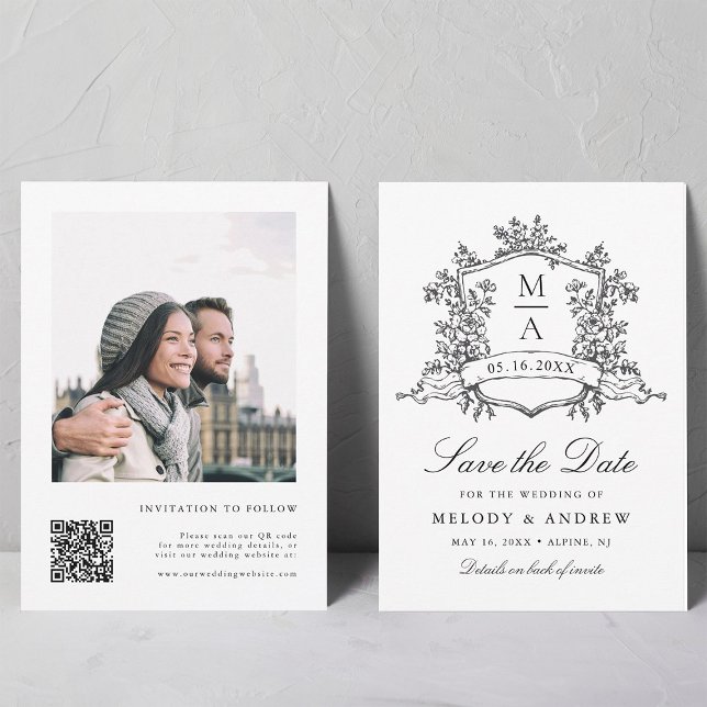 Save The Date Cimier floral classique Noir & blanc Mariage photo (Front & Back)