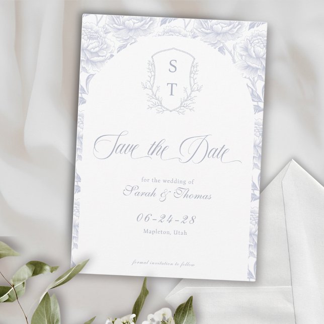 Save The Date Cimier Monogramme Dusty Blue Script (Crest Save The Date Formal Card dusty blue)