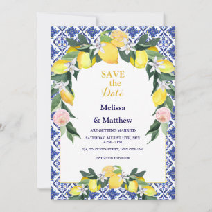 Save The Date Citron bleu italien Carreaux Mariage méditerranéen