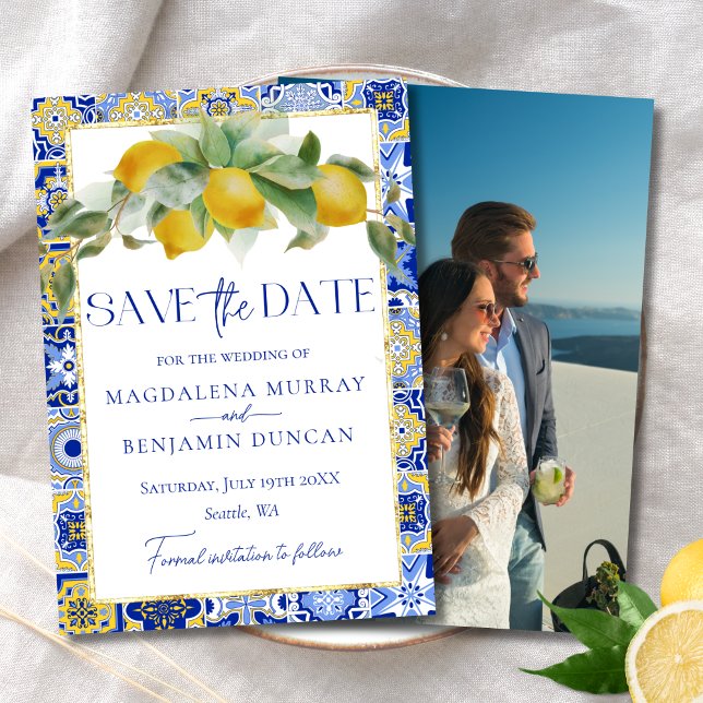 Save The Date Citrons de Carrelage Bleu Méditerranéen Mariage ph (Créateur téléchargé)