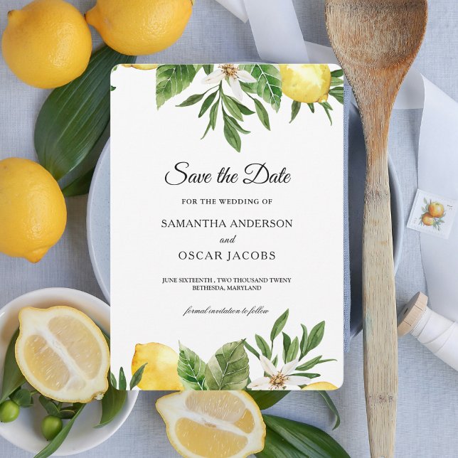 Save The Date Citrons jaunes et feuille d'aquarelle moderne  (Créateur téléchargé)