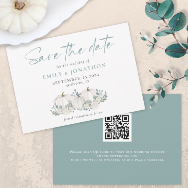 Save The Date Citrouille blanc Florals QR Code Mariage (Créateur téléchargé)