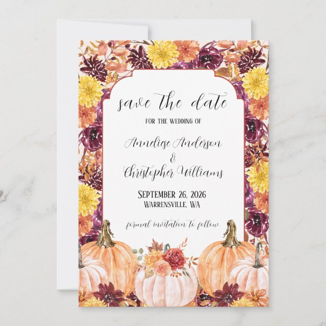 Save The Date Citrouille Florale Aquarelle Automnale Rustique Ph (Devant)