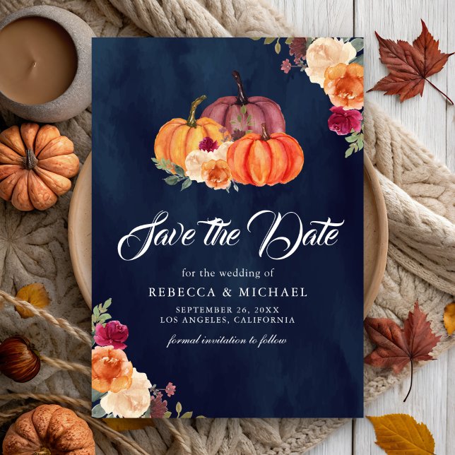 Save The Date Citrouille Florale Orange Brûlée Mariage Navy (Créateur téléchargé)