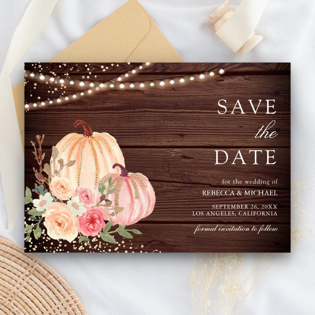 Save The Date Citrouille rose Pêche Floral Grange Mariage bois (Créateur téléchargé)