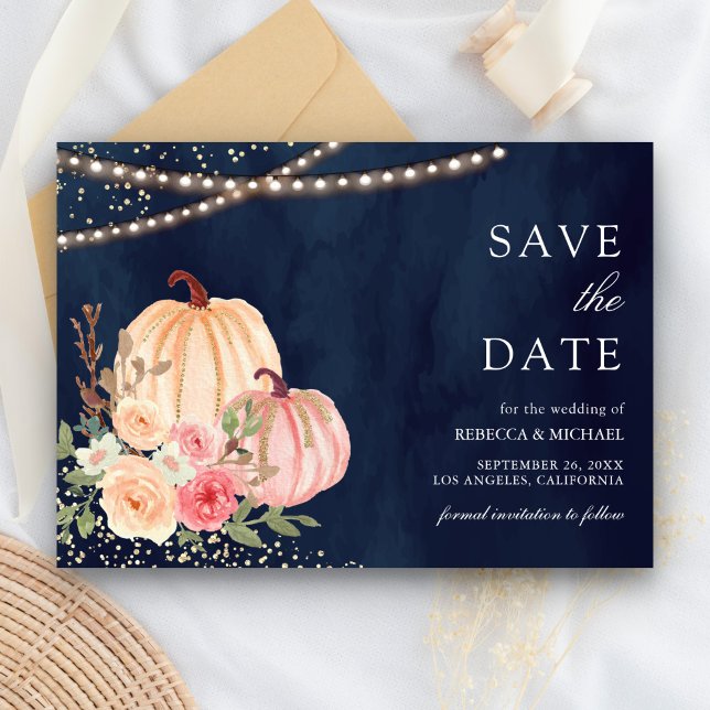 Save The Date Citrouille rose Pêche Floral Marine Blue Mariage (Créateur téléchargé)