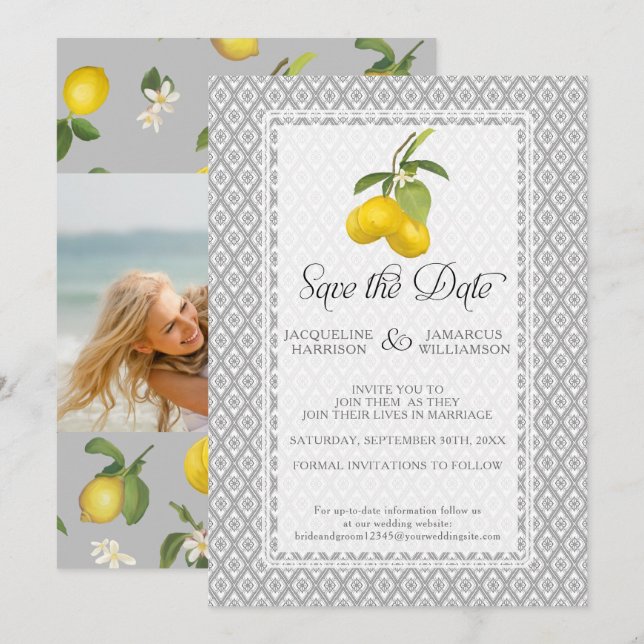 Save The Date Citrus citron feuillage floral Gris jaune Photo (Devant / Derrière)