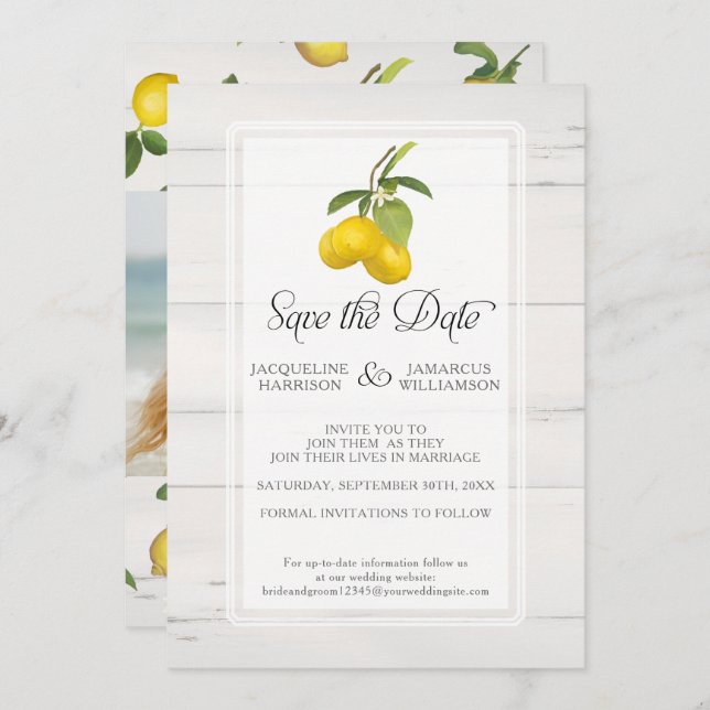 Save The Date Citrus citron floral gris jaune feuillage photo (Devant / Derrière)