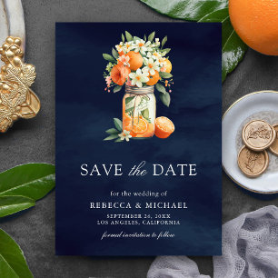 Save The Date Citrus Orange Navy Blue Mason Jar Photo Mariage