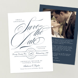 Save The Date Classé Élégant Calligraphie Marine Photo Bleue