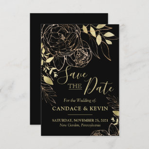 Save The Date Classic Black & Gold Peony Moderne Floral Mariage