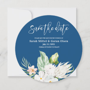 Save The Date Classic Blue Floral Économisez La Date Round Invit