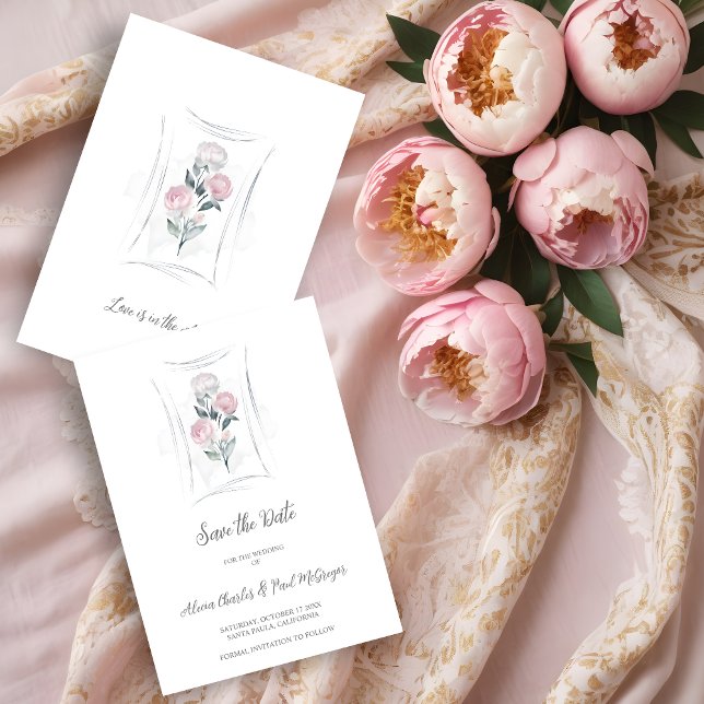 Save The Date Classic Cute Floral Peonies Bunch in Gray & Pink (Classic Cute Watercolor Effect Floral Peonies Bunch in Gray & Pink Wedding Save the Date Card.)
