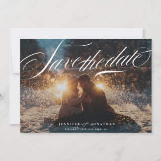 Save The Date Classic Elegant Navy Calligraphie QR Code Photo