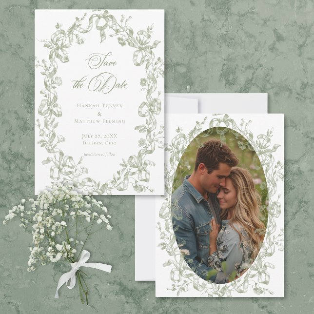 Save The Date Classic Elegant Sage Floral Ribbon Photo Wedding (Classic Elegant Sage Floral Ribbon Photo Wedding Save The Date)