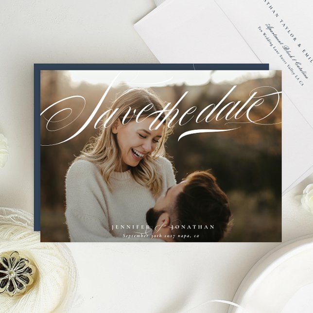 Save The Date Classic Elegant White Navy Blue Calligraphy Photo (Créateur téléchargé)