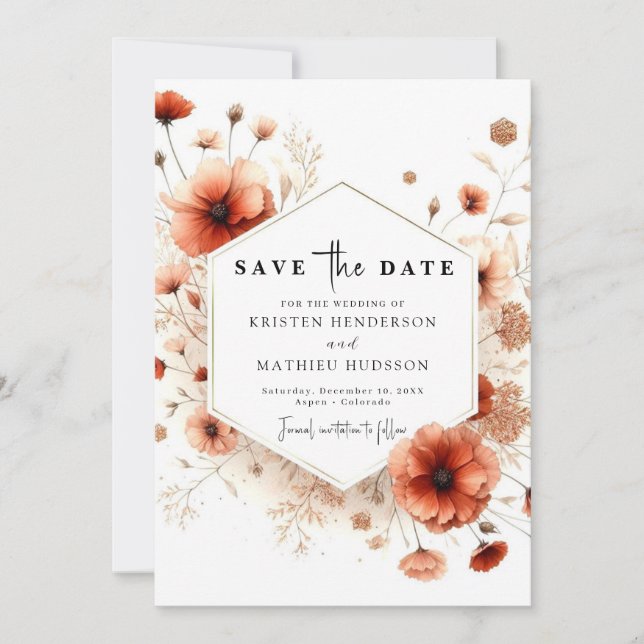 Save The Date Classic Floral Terracotta Mariage (Devant)