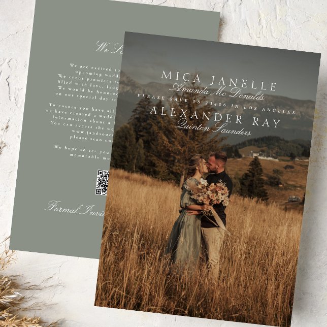 Save The Date Classic Formel Sage Green Noms Photo QR Code (Créateur téléchargé)