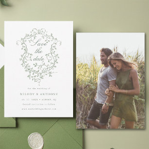 Save The Date Classic Français Sage Green Floral Crest Photo