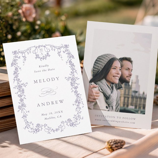 Save The Date Classic French Victorian Blue Floral Wedding Photo (Front & Back)