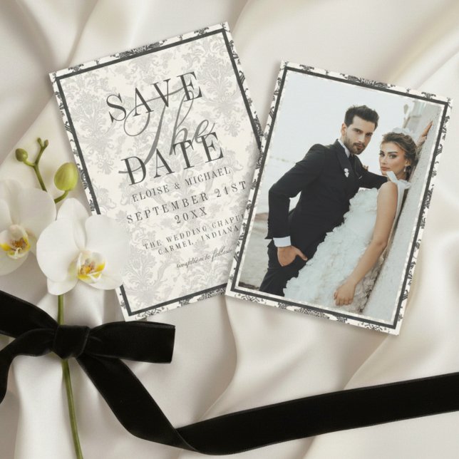 Save The Date Classic Ivory Damask Rococo Pattern Photo Wedding (Classic Ivory Damask Rococo Pattern Photo Wedding Save The Date)