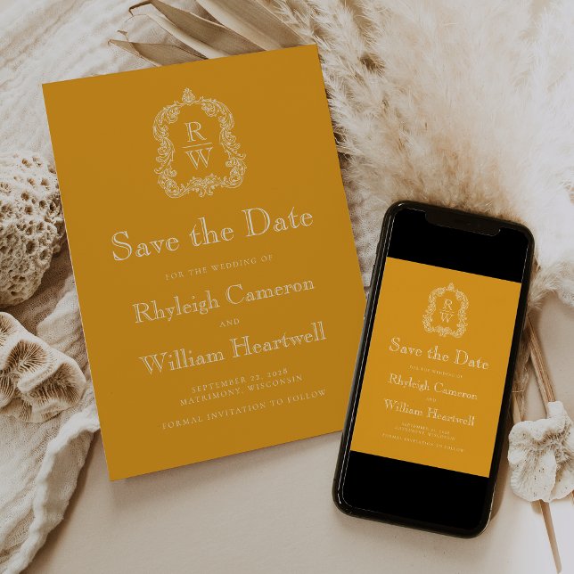 Save The Date Classic Marigold Jaune Monogram Crest (Créateur téléchargé)