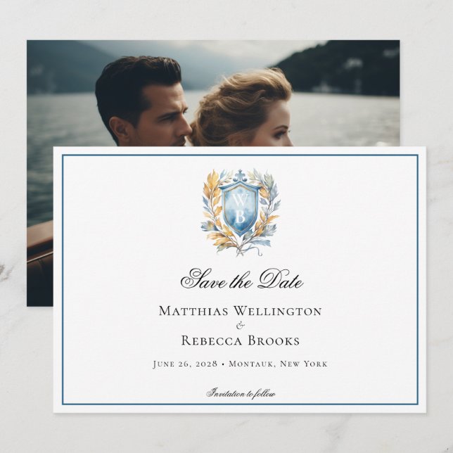 Save The Date Classic officiel Cimier Bleu Monogramme Mariage Ph (Devant / Derrière)
