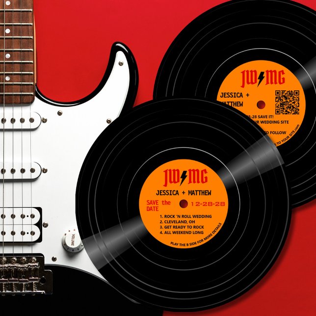 Save The Date Classic Rock Bolt Monogramme Enregistrer La Date (Rock vinyl record album wedding Save the Date in orange and red with lightning bolt monogram.)