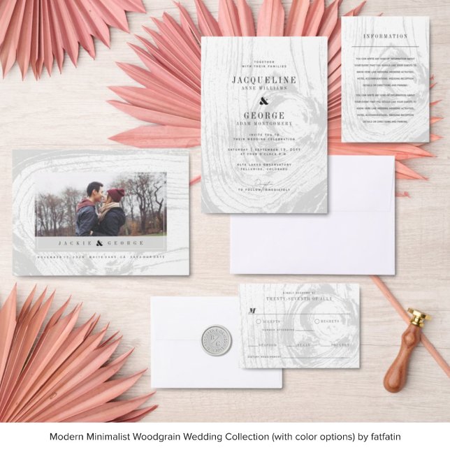 Save The Date Classic Rustic Woodgrain Hiver Mariage Chic Photo (Clockwise: 1. Save The Date 2. Wedding Invitation 3. Enclosure Card 4. RSVP Card 5. Wax Seal Stamp)