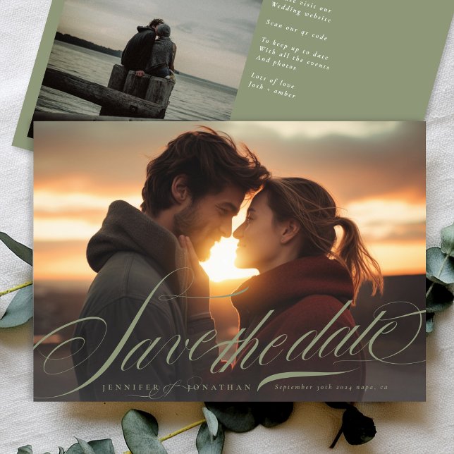 Save The Date Classic Sage Green Calligraphie QR Code Deux photo (Créateur téléchargé)