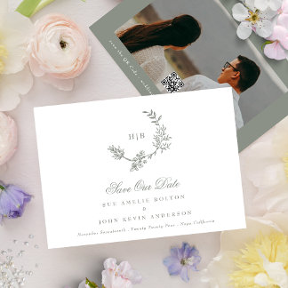 Save The Date Classic Sage Vert Monogramme Mariage de couronne Q