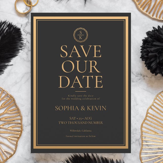 Save The Date Classic Simple Elegance Gold Mariage noir (A sophisticated and chic save the date card that features your names in gold on a black background.)