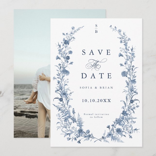 Save The Date Classic Victorian Blue French Garden Chic Photo (Devant / Derrière)