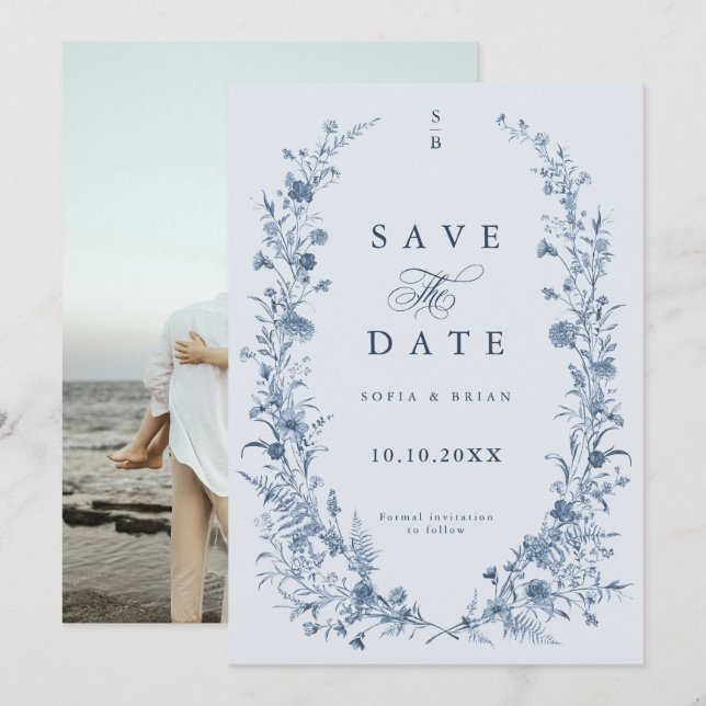 Save The Date Classic Victorian Blue French Garden Chic Photo (Devant / Derrière)