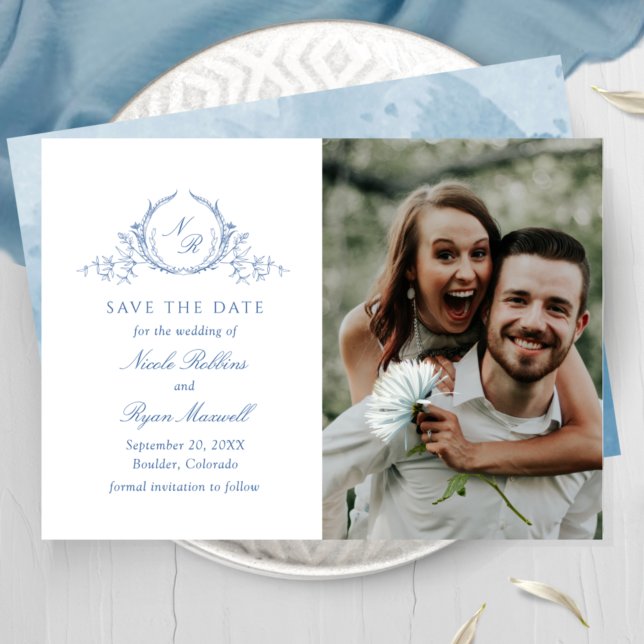 Save The Date Classique, Photo Bleu Monogramme Mariage Enregistr (Créateur téléchargé)