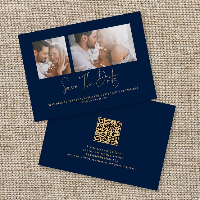 Save The Date Classy 2 Photos Gold Marine Mariage bleu (Créateur téléchargé)