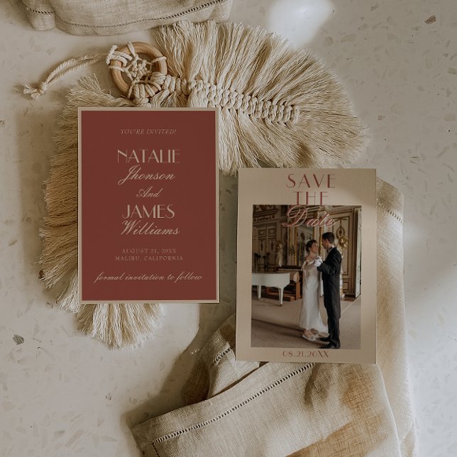 Save The Date Classy Auburn Cream Old Money Photo Wedding (Créateur téléchargé)