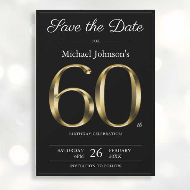 Save The Date Classy Black and Gold 60th Birthday Party (Mockup View)