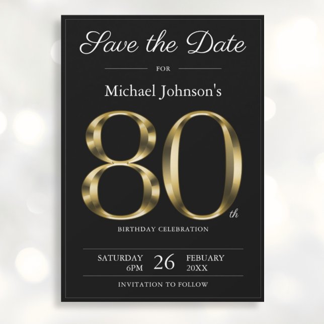 Save The Date Classy Black and Gold 80th Birthday Party (Mockup View)