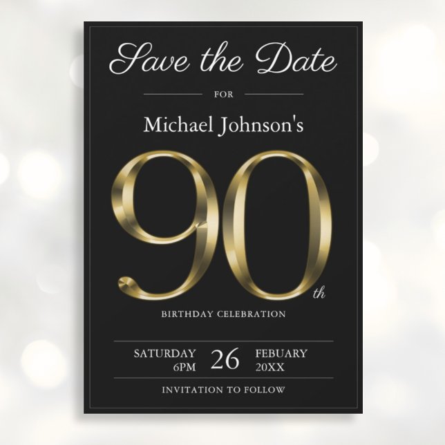 Save The Date Classy Black and Gold 90th Birthday Party (Mockup View)