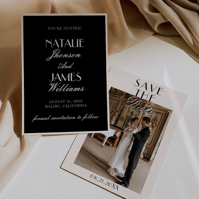 Save The Date Classy Black Cream Old Money Photo Wedding (Créateur téléchargé)