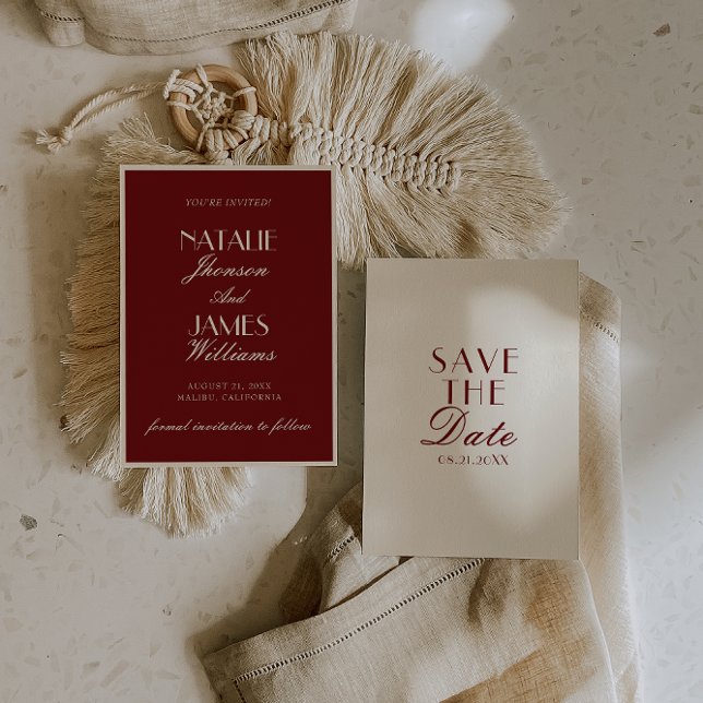 Save The Date Classy Burgundy Cream Fancy Old Money Wedding (Créateur téléchargé)