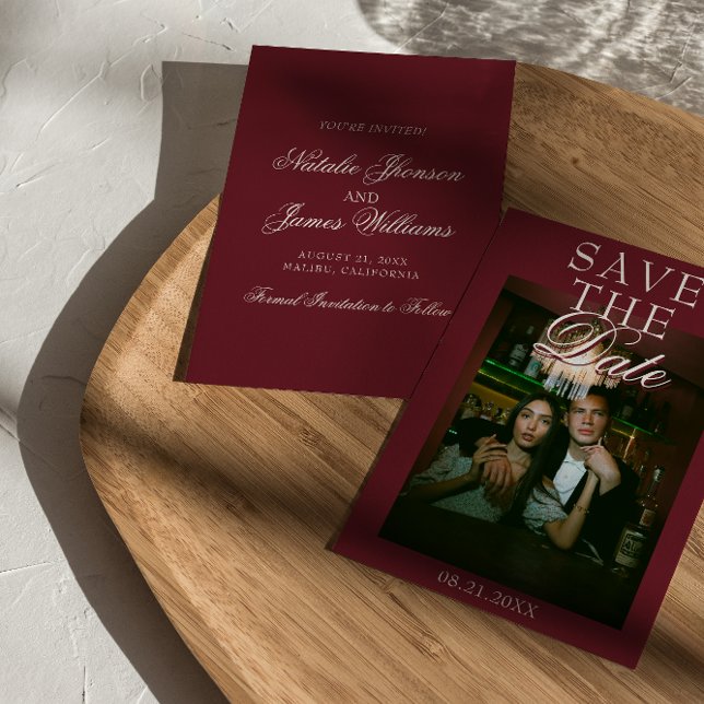Save The Date Classy Burgundy White Old Money Photo Wedding (Créateur téléchargé)