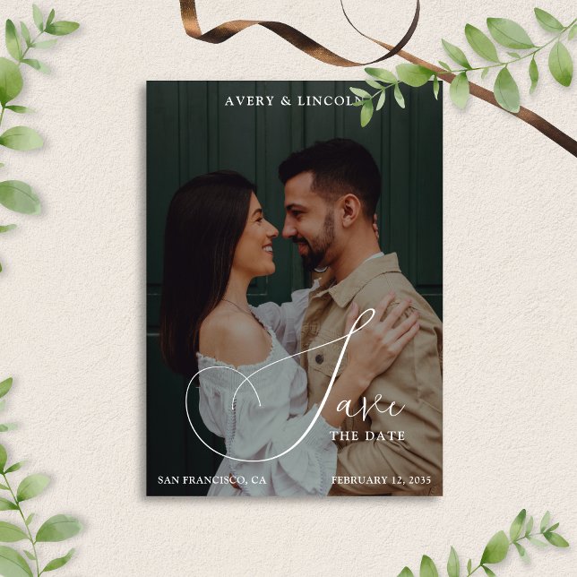 Save The Date Classy Elegant Black & White Photo Script Wedding (Créateur téléchargé)