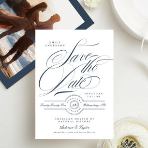 Save The Date Classy Elegant Navy Blue Calligraphy Photo Retour