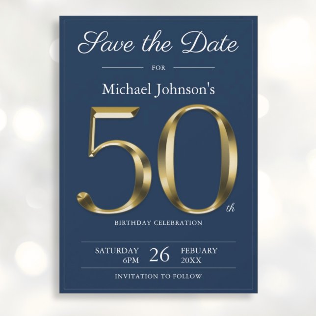 Save The Date Classy Gold Navy Blue 50th Birthday Party (Mockup View)