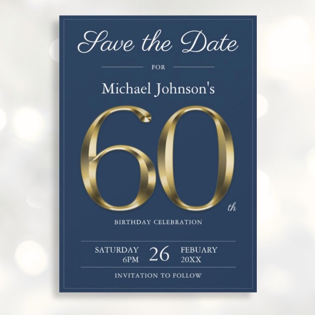 Save The Date Classy Gold Navy Blue 60th Birthday Party (Mockup View)