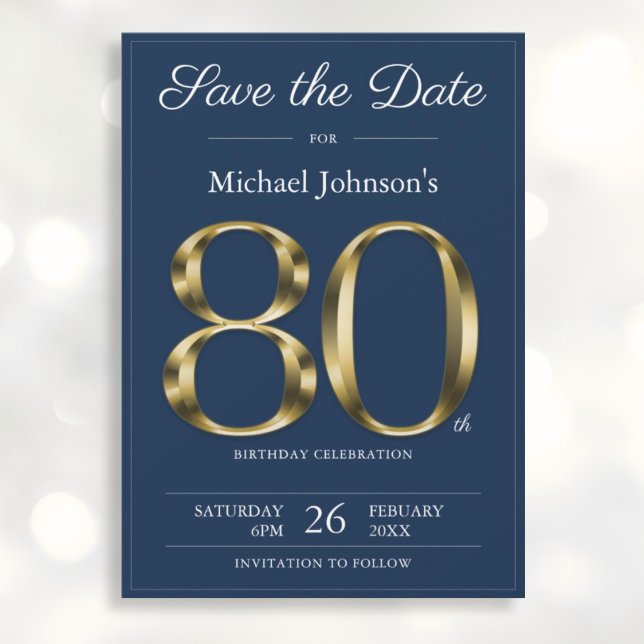 Save The Date Classy Gold Navy Blue 80th Birthday Party (Mockup View)
